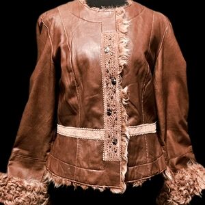Y2K Brown Cache Lamb Leather Lamb Fur Trim Collarless Cropped Jacket Sz M